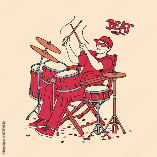 Energetic young man playing drums with passion and rhythm.