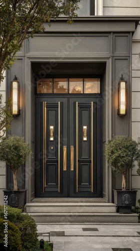 Grand dark entryway with brass hardware
