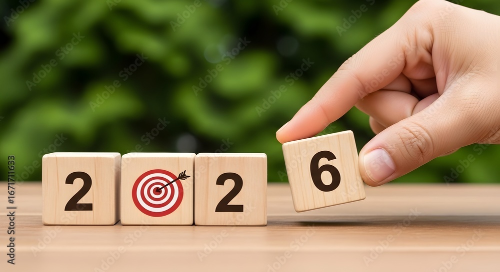 Naklejka premium New year goal setting and achievement concept for year two thousand twenty six with wooden blocks