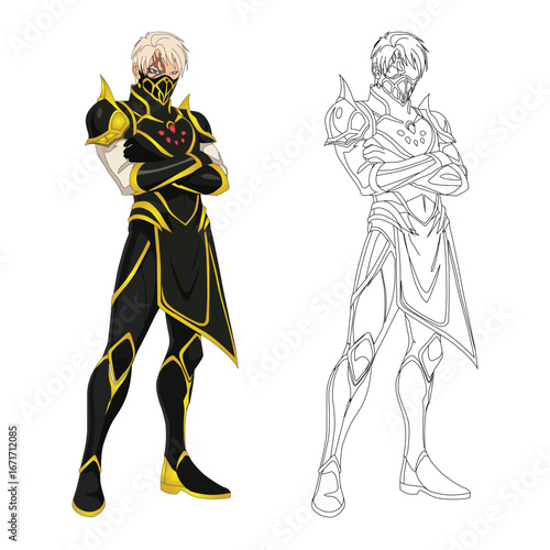 Anime Warrior Character Illustration | Fantasy Knight with Armor and Line Art Version