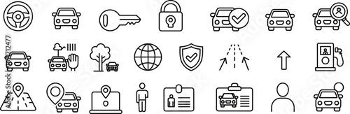 Driving, car, vehicle, transport, navigation, GPS, map, fuel, taxi, steering, security, road, location, travel, trip, automobile, commute, transportation, design, set – flat vector icons