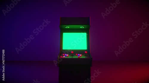 Retro Arcade Machine with Glowing Green Screen and Colorful Controls in Dark Room, Evoking Nostalgia and Playful Excitement with Vibrant Red and Blue Lighting