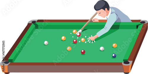 A man focused on playing pool at a green table, preparing to take his shot.