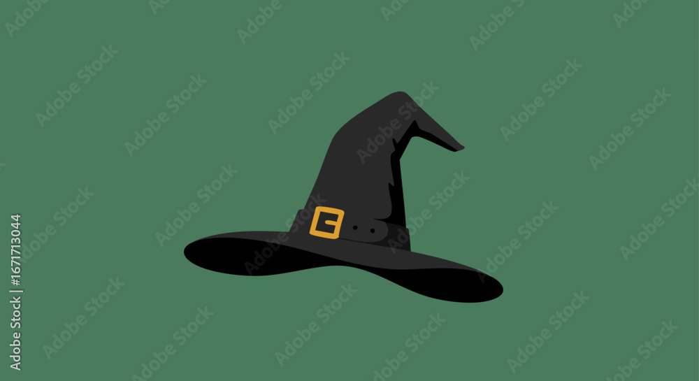 Fototapeta premium Minimal witch hat vector illustration with small belt buckle, flat clean design on solid green background, simple geometric halloween icon, spooky magic hat cartoon