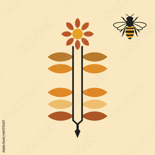Stylized Plant with Leaves and a Bee.