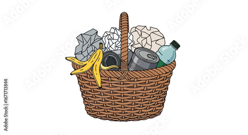 Basket overflowing with mixed waste, including paper, cans, and banana peel