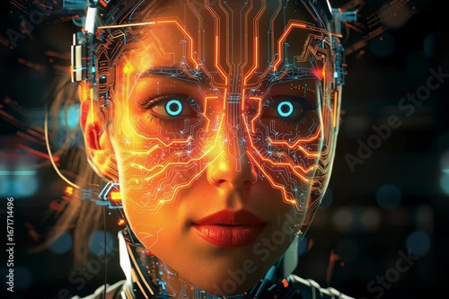 Cybernetic woman with glowing circuits and blue eyes, turning her head. Perfect for AI, future tech, human-machine evolution, sci-fi, and digital interfaces.