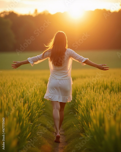 woman standing in open field at dawn with arms stretched, natural golden light, symbol of hormone balance, freedom and vitality
