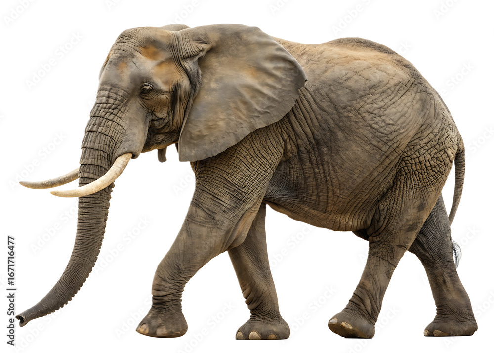 Fototapeta premium Magnificent African Elephant Isolated on Black Background Walking with Trunk Down and Ivory Tusks Showcasing Wildlife Conservation and Power