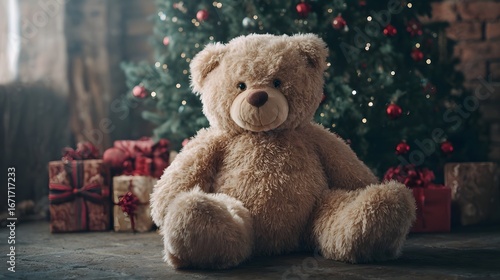 Cozy Christmas teddy bear with gifts and tree