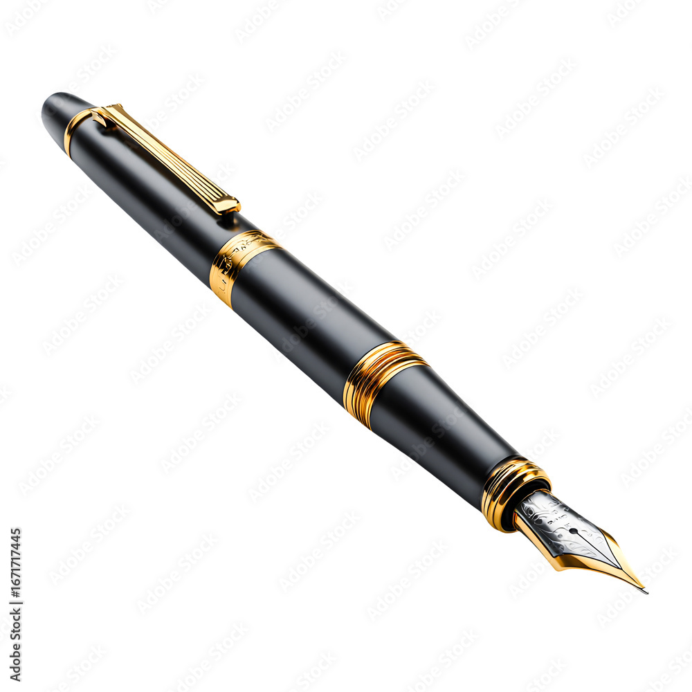 Naklejka premium Luxurious ornate black and gold fountain pen with detailed craftsmanship isolated on transparent background