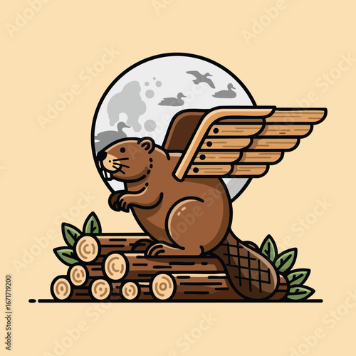 Fantasy Beaver with Wooden Wings Sitting on Logs Illustration.