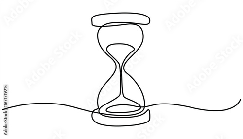 
One continuous line drawing of sand hourglass. Vintage timer as Countdown concept. Doodle vector illustration. Hourglass continuous line art. Editable outline.
