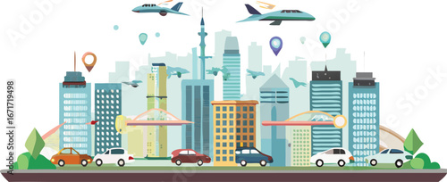 A bustling cityscape featuring cars on the streets, planes in the sky, and various buildings in the background.