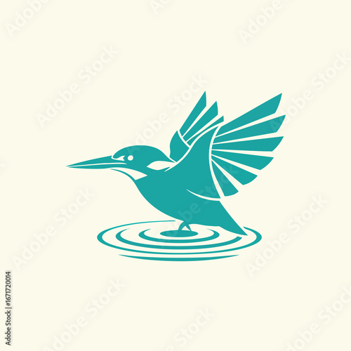 Stylized Kingfisher Bird Landing on Water Surface Logo Design.