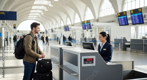 Efficient airport check-in: Passenger interacting with a helpful airline agent ready for travel