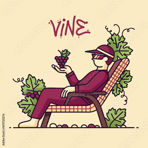Person in chair holding grapes enjoying leisure time.
