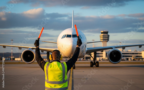 Wallpaper Mural Aircraft moves slowly following instructions from airport ground marshaller. Torontodigital.ca