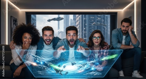 Enthusiastic group of friends immersed in an immersive gaming experience at home