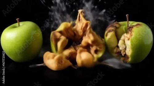 Time-Lapse of Fresh Green Apples Aging and Decaying into Wrinkled Brown Lump on Black Background