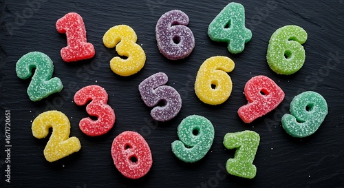 Colorful sugar numbers scattered on a dark surface create a playful and educational arrangement, perfect for illustrating math concepts or children's learning materials.