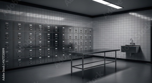 Forensic environment showcases storage lockers, stainless steel table and tiled walls