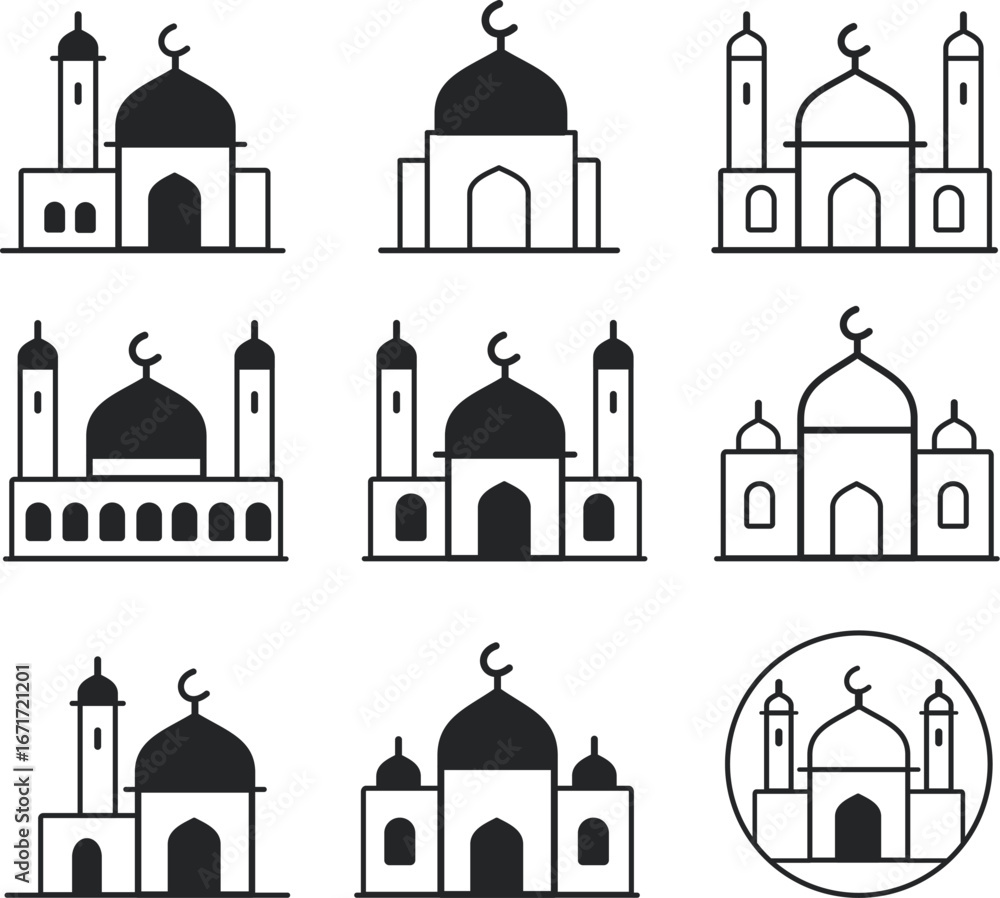 Fototapeta premium Mosque icon vector. mosque icon set. mosque vector icon flat design. Muslim mosque flat icons. Thin linear small mosques outline icons religion. 