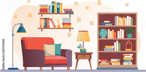 Inviting living room with a bookshelf, a plush chair, and a warm lamp illuminating the space.