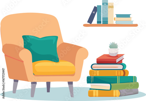 A comfortable chair next to a bookshelf, featuring a soft pillow for relaxation and reading.
