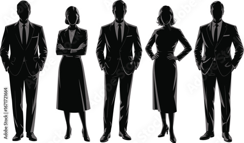 Business people silhouettes, professional men and women in formal suits, corporate team standing, confident posture, leadership concept, diversity group, office workforce vector illustration
