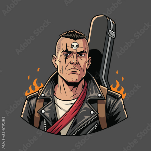 Rocker with Guitar Case and Skull Tattoo Illustration.