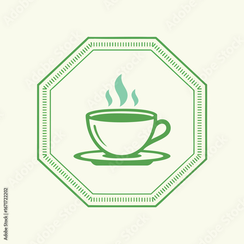 Green hot beverage in a cup and saucer inside an octagonal frame.