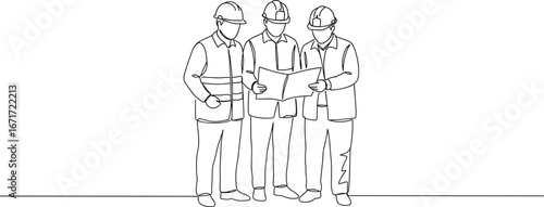 Engineers teamwork line drawing, construction workers planning, blueprint discussion, safety helmet sketch, project site vector, architecture design illustration, technical coordination artwork