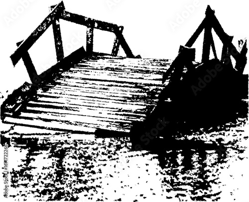Grunge black and white illustration of a collapsed bridge - urban decay, abstract art for design