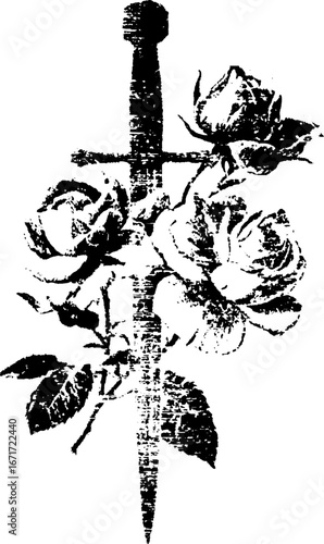 Grunge black and white dagger with roses design for tattoo and decor