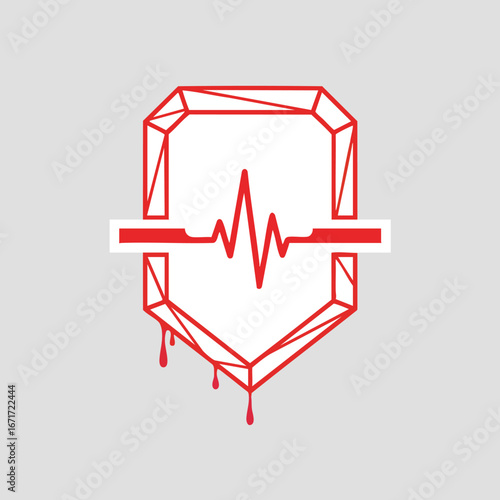 Red shield with heartbeat line and drips.