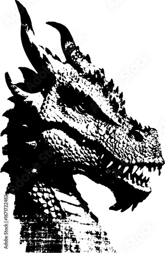 Grunge black and white dragon illustration for urban art and design