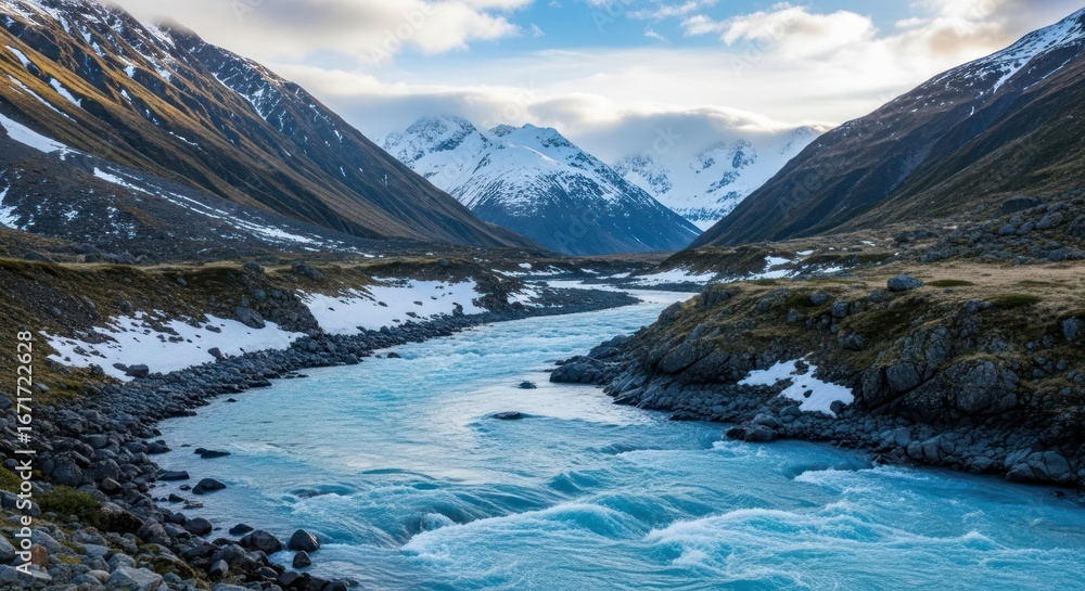 Obraz premium Majestic mountains cascading with snow bordering tranquil stream in valley