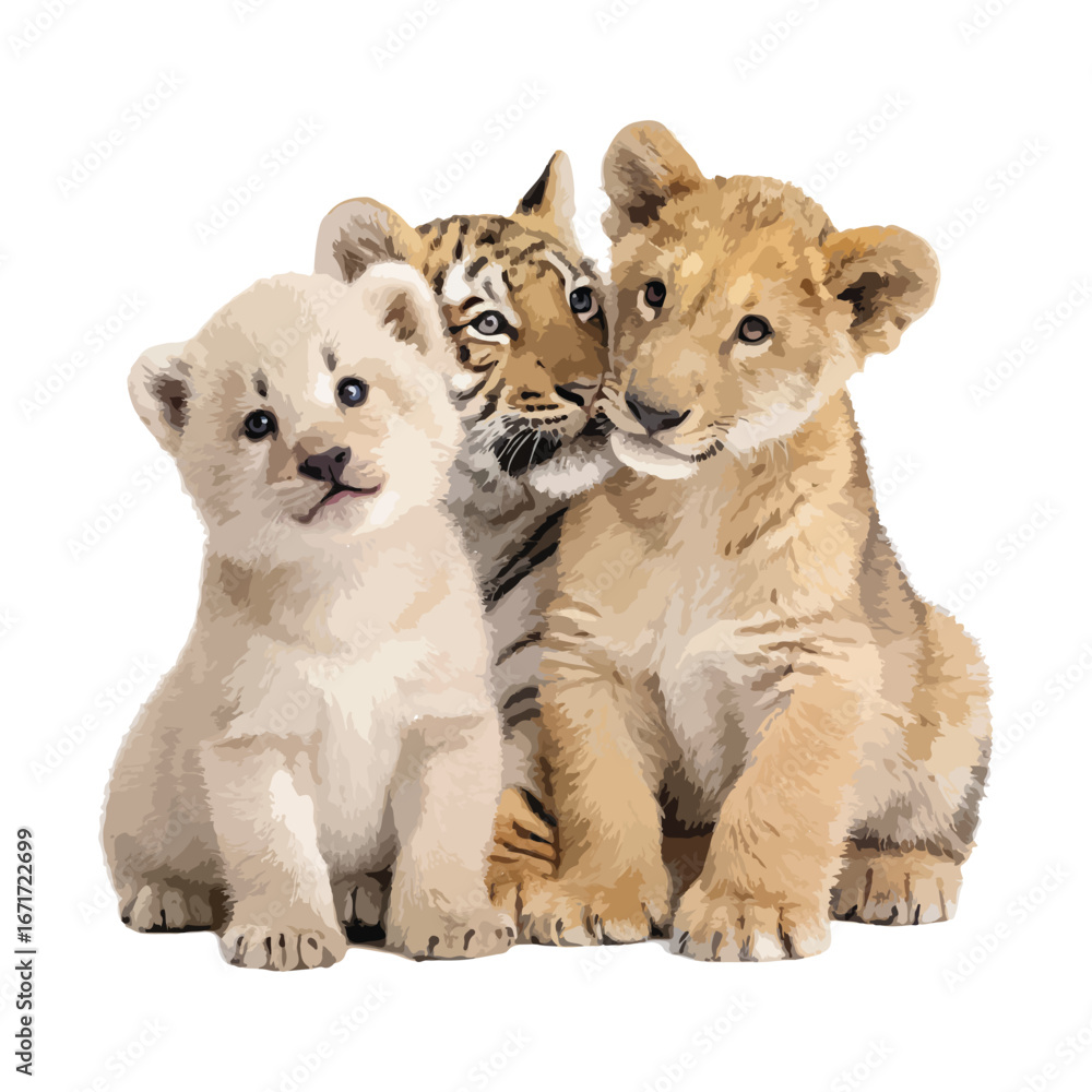 Obraz premium Cute trio of big cat cubs, including a white bear, tiger, and lion, with big eyes, isolated on white. Ideal for wildlife art, nursery decor, and children's designs.