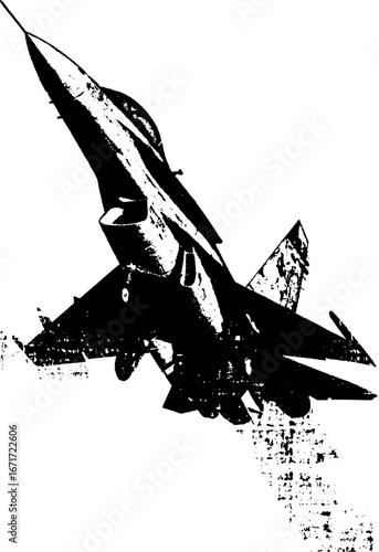 Grunge black and white fighter jet illustration for urban design