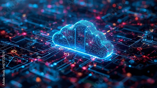 Futuristic cloud computing concept with interconnected data streams and digital devices in a vibrant, tech-inspired landscape.
