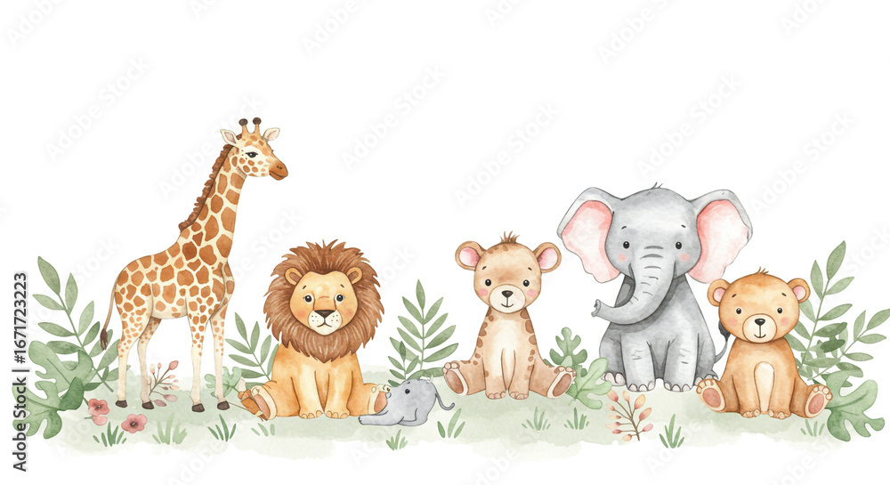 Fototapeta premium Watercolor illustration of a giraffe lion tiger elephant and bear in nature scene
