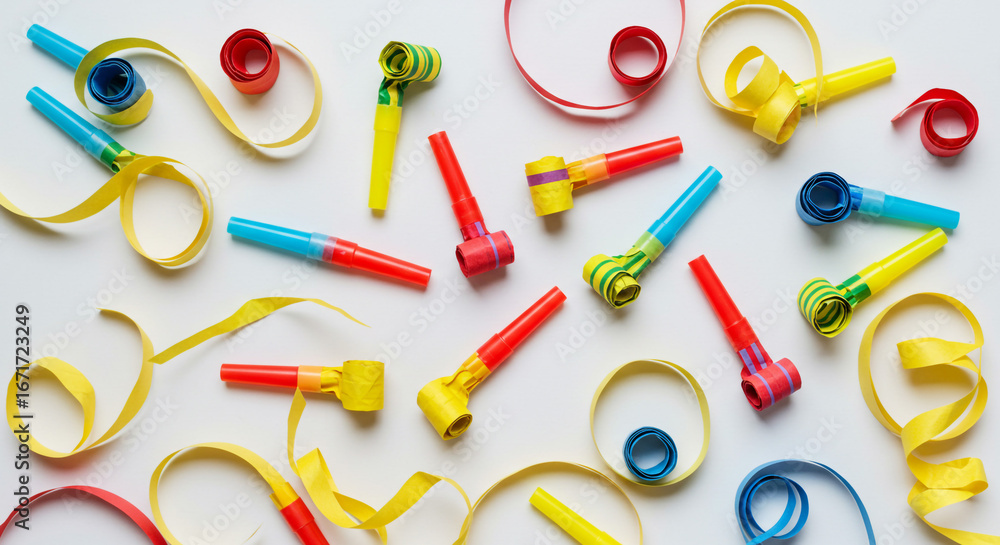 Fototapeta premium An overhead shot of party blowers and streamers scattered on a white background surface