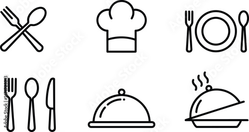 Flat vector, dining icons, food, restaurant, meal, cuisine, kitchen, utensils, chef hat, cloche, plate, fork, spoon, knife, serving, cooking, hot dish, catering, gourmet, tableware, culinary