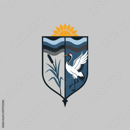 Heraldic Shield with Crane Bird Sun and Reeds.