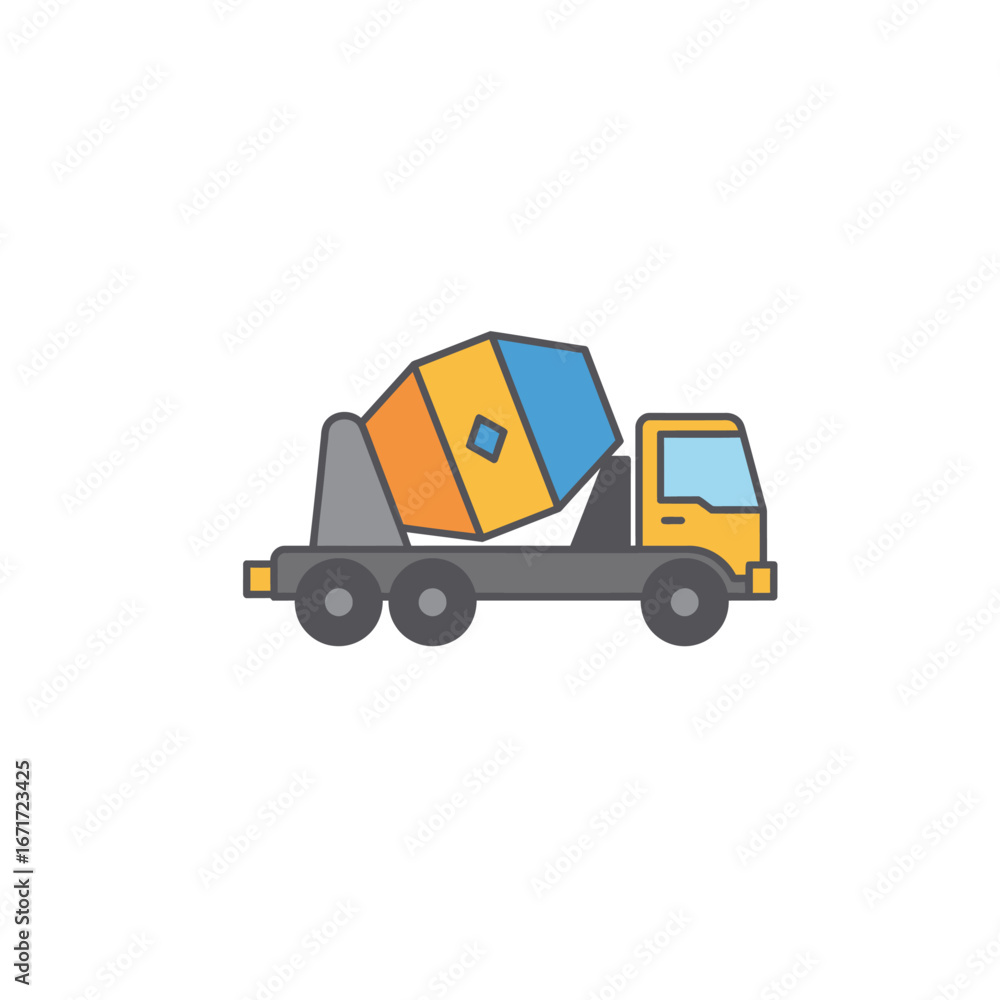 Fototapeta premium This colorful flat design icon depicts a modern cement mixer truck, essential for construction and building projects, on a clean white background.
