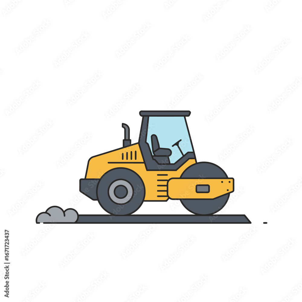 Fototapeta premium A vibrant yellow road roller, illustrated in a clean flat design, efficiently compacts the ground, symbolizing construction and infrastructure development.