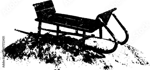 Grunge black and white illustration of abandoned sled on snow hill