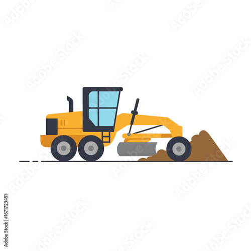 A bright yellow motor grader, an essential piece of construction equipment, efficiently levels a pile of earth, symbolizing ground preparation and development.