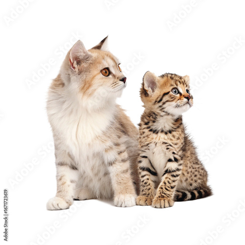 Cute pair of cats, an adult and a kitten, with fluffy fur and big eyes, isolated on white. Ideal for pet-themed designs, children's books, and animal illustrations.
